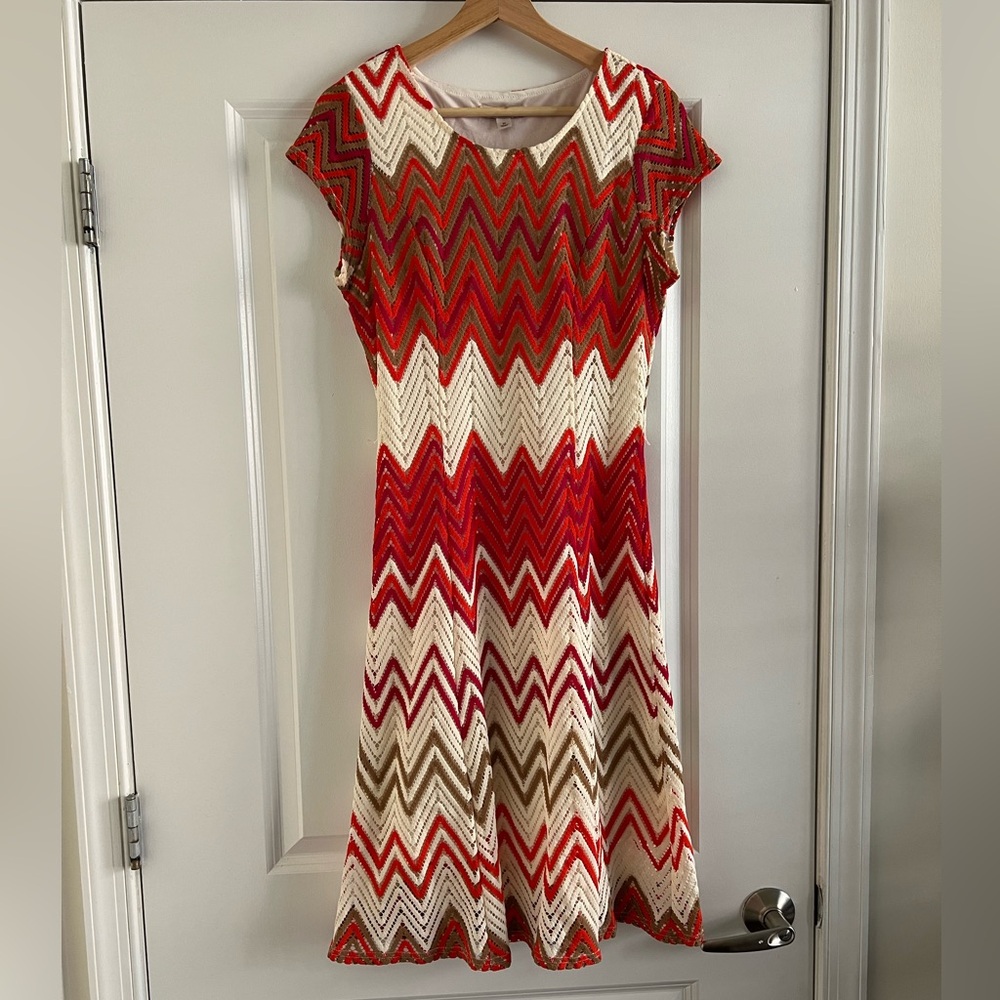 Dress Barn Zigzag Red, Cream, and Tan Midi Dress